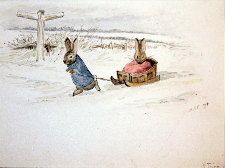 Кролик Питер и Бенджамин Банни играют в снегу